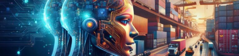AI-enhanced digital rendering of a humanoid robot integrated with data circuits, symbolising smart technology in logistics. The background shows a busy shipping port with stacked cargo containers, freight trucks, and cranes at sunset, representing global supply chain and procurement operations. Ideal visual for showcasing Staspack's advanced sourcing, automation, and logistics solutions across Turkey and international markets.