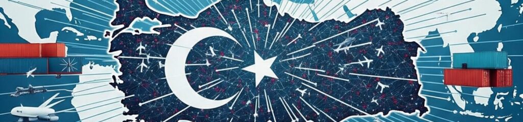 Illustration of Turkey at the centre of global logistics, showing cargo containers, shipping routes, and aircrafts symbolising international trade and supply chain connectivity — highlighting Turkey’s strategic role in global procurement. Unlocking Potential: Key Facts About Turkish Procurement and Logistics.