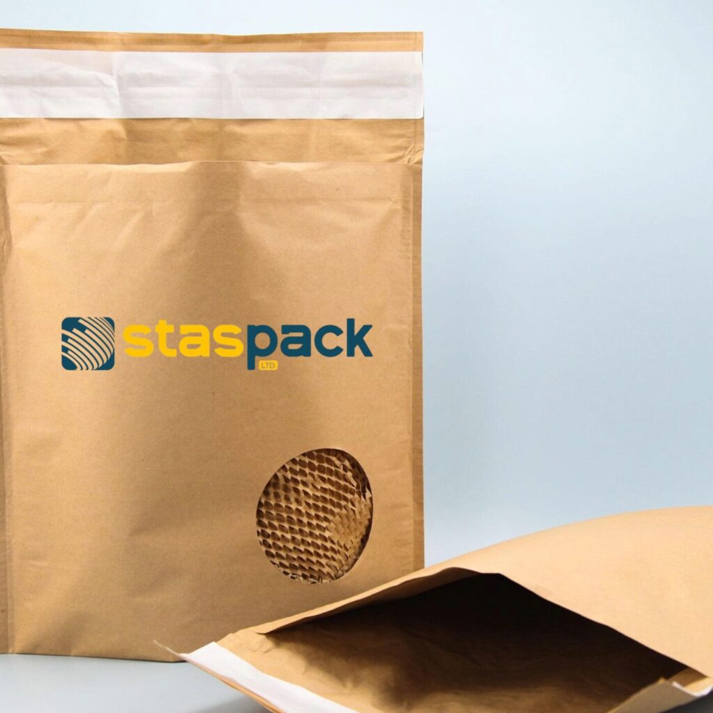 Staspack Ltd branded eco-friendly paper padded mailers – durable, recyclable packaging designed for efficient shipping and minimal environmental impact.