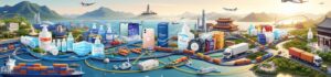 A vibrant illustration of global product sourcing showing various goods including electronics, cosmetics, medical supplies, and beverages being transported via ships, planes, and trucks across stylised landscapes of Turkey, Europe, and the UK. Featuring iconic architecture and trade routes, the image reflects Staspack’s international supply chain services based in Oxfordshire, specialising in efficient product sourcing across Turkey, Europe, and the UK