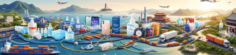 A vibrant illustration of global product sourcing showing various goods including electronics, cosmetics, medical supplies, and beverages being transported via ships, planes, and trucks across stylised landscapes of Turkey, Europe, and the UK. Featuring iconic architecture and trade routes, the image reflects Staspack’s international supply chain services based in Oxfordshire, specialising in efficient product sourcing across Turkey, Europe, and the UK