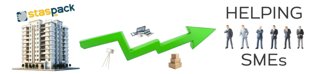Visual representation of Staspack helping SMEs grow across Europe, featuring a modern building with the Staspack logo, a rising green arrow symbolising business growth, and miniature business figures to represent SME clients in the European product sourcing landscape.