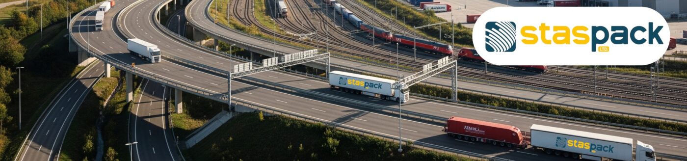 Staspack branded logistics trucks on a UK motorway showcasing supply chain efficiency and European distribution — Staspack Elevating Your Packaging Strategy: The Staspack Advantage.